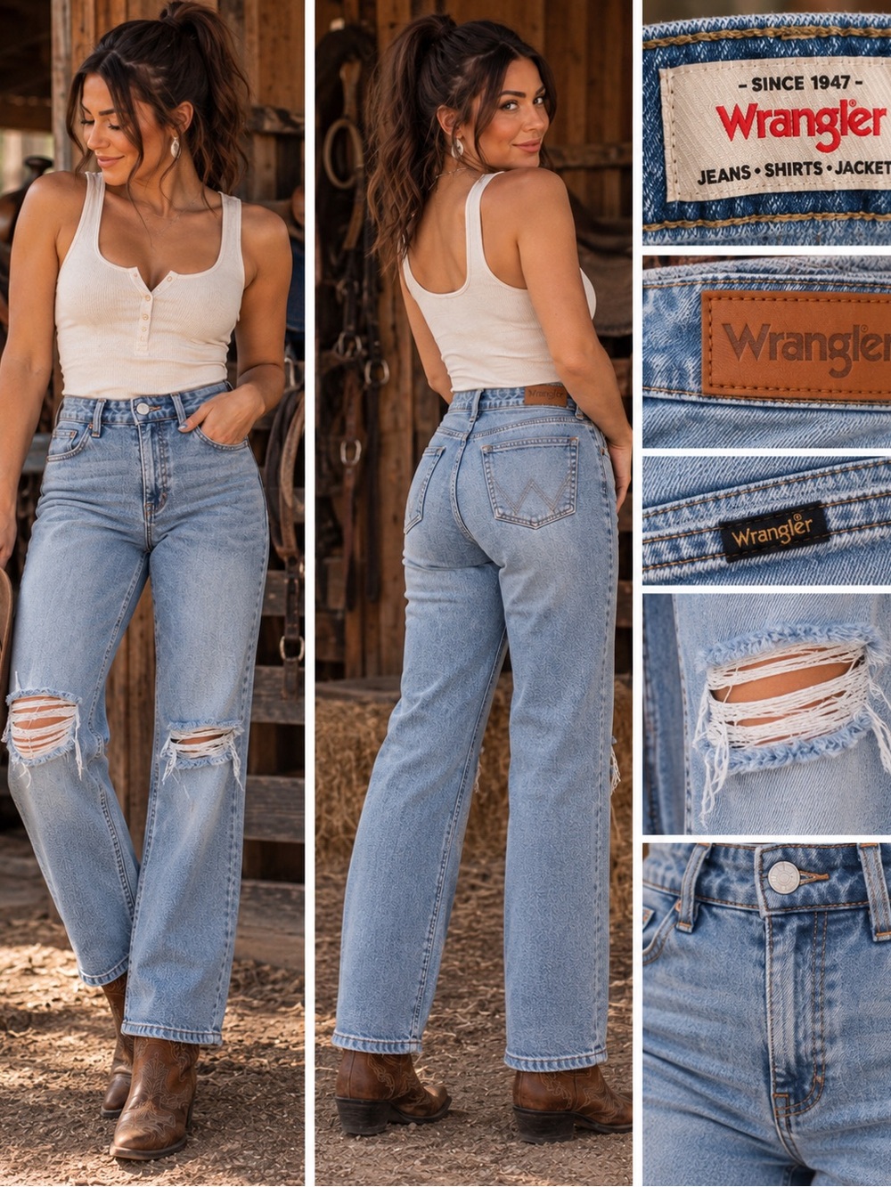 Wrangler High Rise True Straight Distressed Jeans Light Wash 4/27